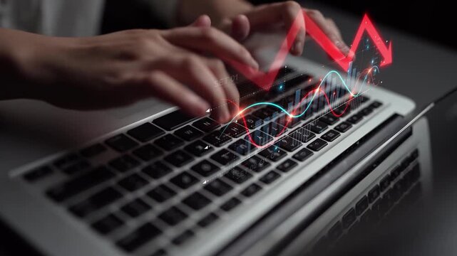Economic caution visualized with fluctuating market graph, alert symbols, and negative data trends. Represents financial risk, market volatility, and economic uncertainty. Muxer