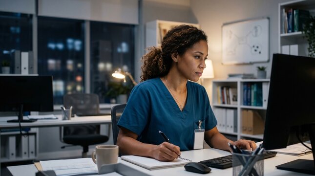 Hispanic medical worker writing notes and using computer while working night shift at modern clinic desk