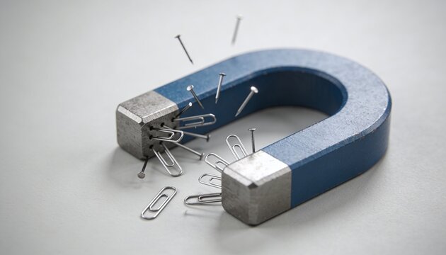 Powerful blue horseshoe attract metal objects on light surface, showcasing principles of physics and magnetic force in action. Close-up studio shot for educational, scientific or business use