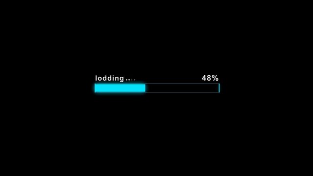 Modern digital loading bar progress indicator with glowing cyan light and text label on a solid black background, for software interface, and web user, experience development and, data processing