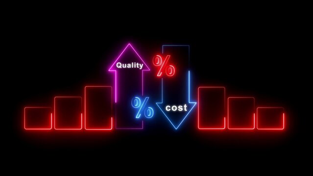 Neon business chart visualization showing improvement and cost reduction with percentage symbols on a black background, for corporate financial, reports and data, analysis presentations