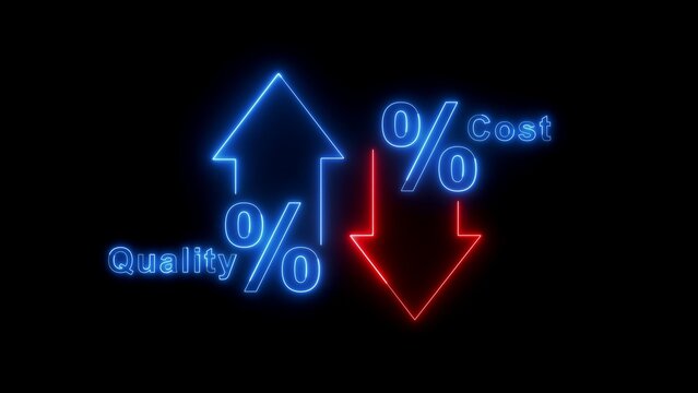 Neon business concept showing increasing percentage arrow up and decreasing cost percentage arrow down on black background, for corporate strategy, and financial optimization, analysis presentation