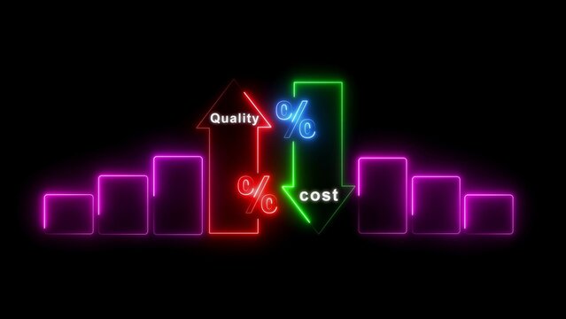 Modern neon data chart showing the relationship between increasing and decreasing cost with percentage symbols on a black background, for corporate financial, and strategic business, planning visuals