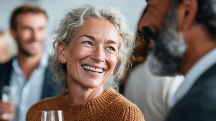 Fototapeta premium Smiling mature woman with gray curly hair enjoying a social gathering with friends