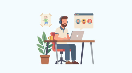 Fototapeta premium Man working from home desk setup with laptop plant and minimal workspace environment illustration