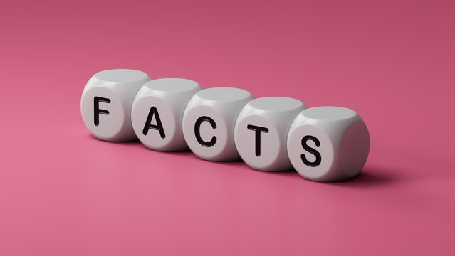 Dice form the word "facts".3D rendering.