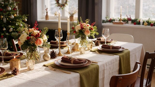 Luxurious Christmas dinner table setting with beautiful floral centerpieces tall candles and elegant dinnerware for festive winter banquet