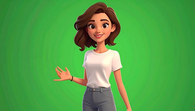 Cartoon woman presenting on green screen.