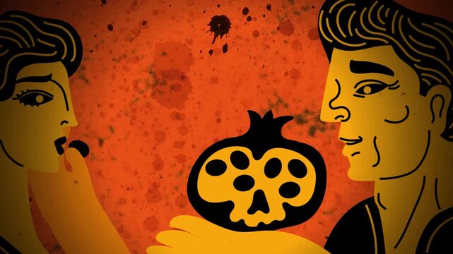 hades offering a pomegranate to persephone and she eats its seeds