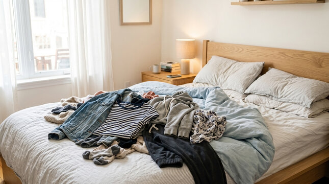 Clothes pile on unmade bed with scattered garments and soft bedding creating a cozy atmosphere. Pile of clothes on bed includes various fabrics and colors in casual living space.