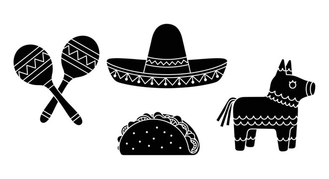 Mexican cultural symbols including sombrero maracas taco and donkey