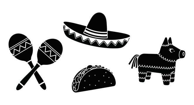 Mexican fiesta symbols sombrero maracas taco and donkey