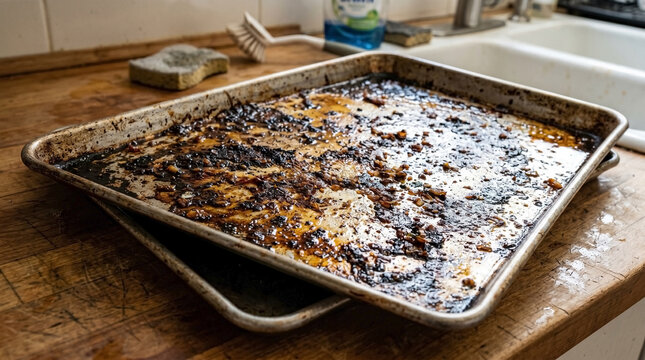 Dirty sheet pan with grease and burnt residue on wooden surface in kitchen. Dirty sheet pan shows remnants of cooking oil and food debris, revealing kitchen's busy atmosphere.