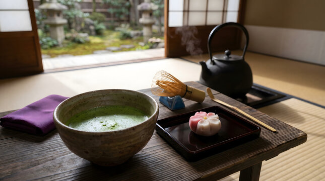 Premium traditional Japanese Matcha tea ceremony set with frothy green tea in ceramic Chawan bowl and Wagashi dessert on tatami mat table close-up macro