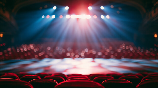drama. Theater stage with dramatic lighting and empty red velvet seats, evoking an atmospheric mood. event programs, museum guides, designed for cultural heritage projects and event programs.