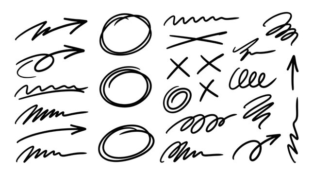 Hand drawn scribble arrows signs.