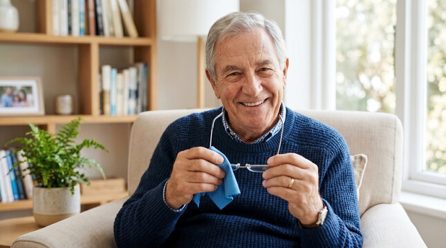 Elderly man smiling while wiping reading glasses with blue cloth in cozy living room. Senior man enjoys daily routine of cleaning eyewear, surrounded by books and plant for a comfortable atmosphere.