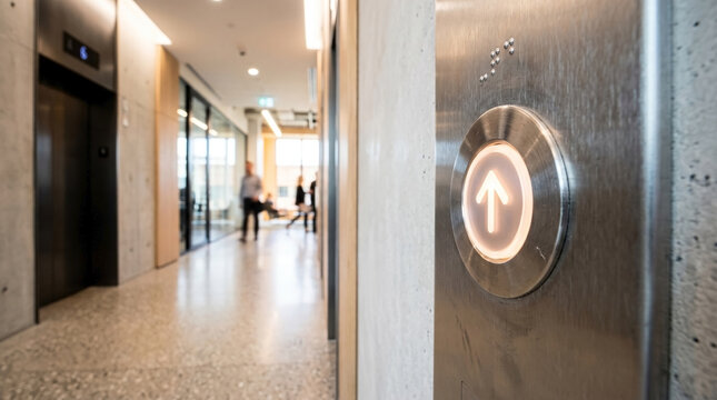 Elevator call button light glowing in modern office corridor with elevators in background. Elegantly designed elevator area showcases contemporary architecture and inviting atmosphere.