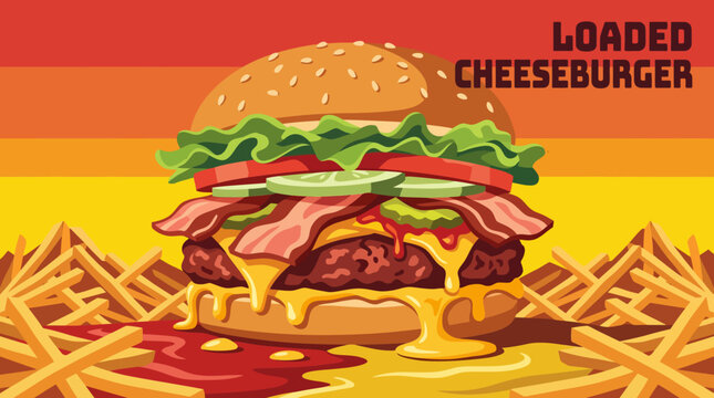 oaded cheeseburger american street food cuisine traditional recipe fastfood culinary snack famous delicious regional travel culture beef patty bacon lettuce tomato melted cheese