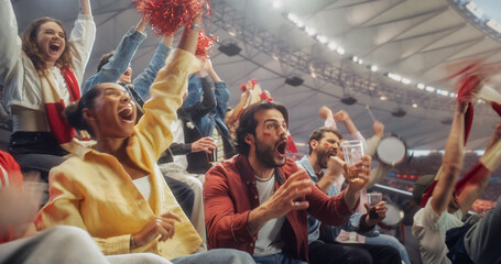 Naklejka premium Black Woman in a Yellow Shirt and a White Man With Red Cheek Paint Jump and Cheer With Soccer Football Championship Fans, WavingScarves From Crowded Stadium Seats During Play.