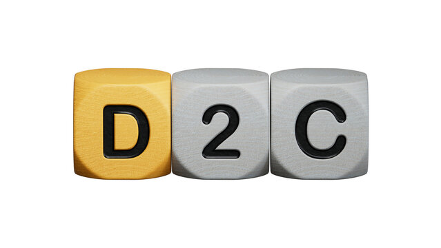three stone cubes, tables with the word D2C - acronim Direct to Consumer.close up of wooden elements,Business Concept.Supports PNG files with transparent backgrounds.