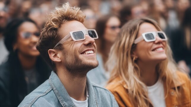 Young people wearing eclipse glasses and smiling while watching a celestial event