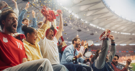 Diverse Men and a Woman Leap From Stadium Seats, Shouting With Wide-mouthed Joy as Confetti Falls...