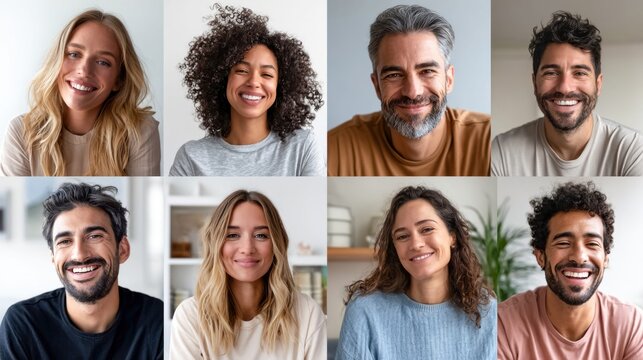 Diverse group of eight people smiling and looking at the camera in a grid layout