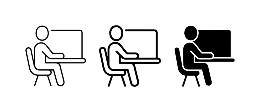 Person working on laptop icons, simple stick figure desk setup, digital learning, remote work