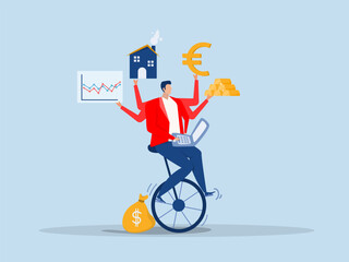businessman investor juggling finance asset, real estate, currency, gold, saving and stock market graph riding unicycle one wheel.savings and stock market charts riding a unicycle. © TA design