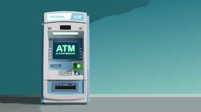 Automated teller machine ATM isolated on blue background for 24 hour banking concept. Modern blue bank ATM machine vector illustration for financial services and cash withdrawal.. 