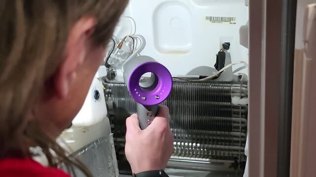 Woman using hair dryer to defrost refrigerator evaporator coils. Technician performing household appliance maintenance. Manual freezer repair and cleaning process.