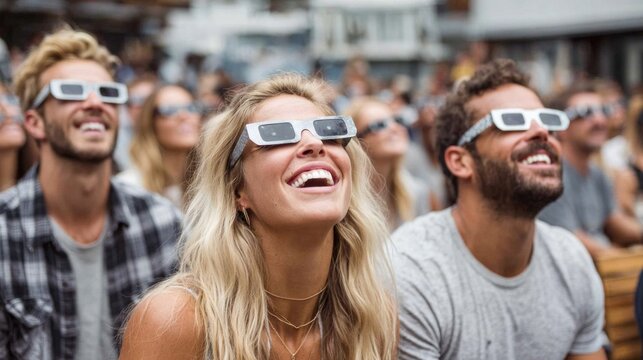 Excited crowd wearing eclipse glasses watches solar event with joy and wonder