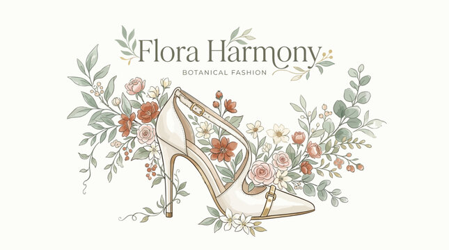 Elegant High Heel Shoe Decorated with Floral Elements and Botanical Art.
