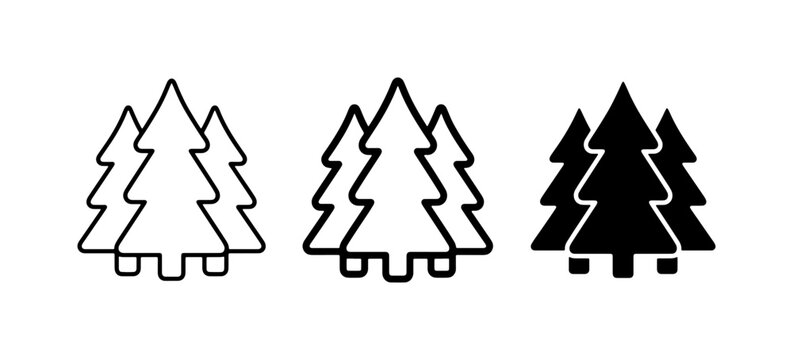 Christmas Tree Icons, Pine Forest Silhouettes, Evergreen Vector Graphics for Winter Holidays