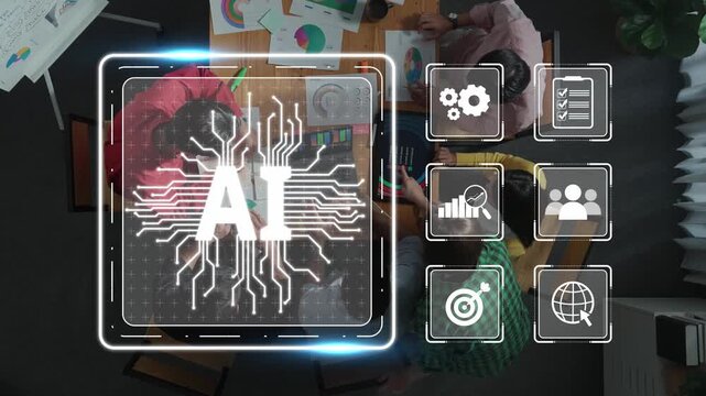 Dynamic team engages in collaboration while utilizing AI tools for data analysis. Modern workspace showcases technology role in innovative problems and solutions. Raster