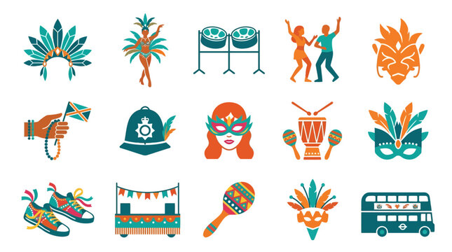 Colorful carnival icons featuring dancers, masks, and drums