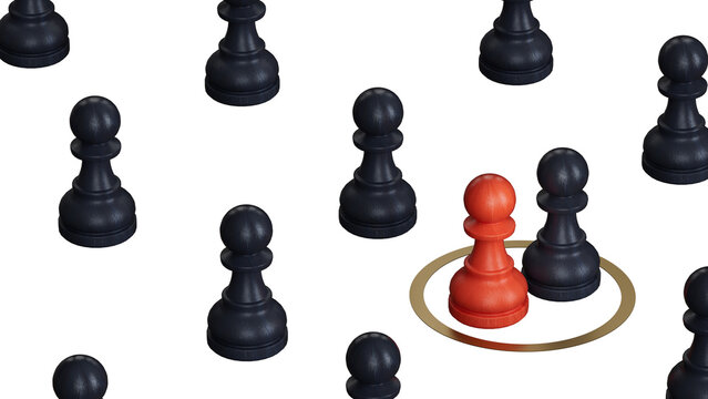 3D illustration of two red pawns inside a reden heart shape with other chess pawns around it.Supports PNG files with transparent backgrounds.