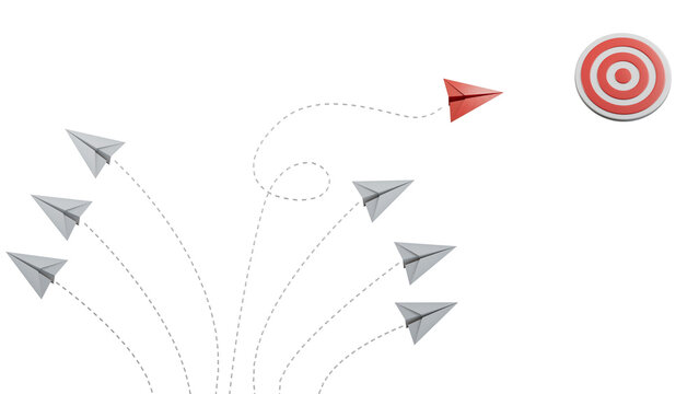 Red paper plane change direction from group hitting to target on blue background. Design for business creativity new idea to discovering new business options, Individual and unique leader