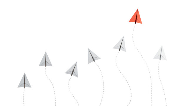 Paper airplanes flying on blue sky with form of growing graph.Paper art style of business teamwork creative concept idea.3D illustration
