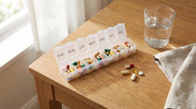 Pill organizer filled with daily medication sits on a wooden table next to a glass of water for health monitoring.