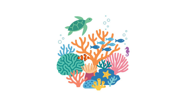 Colorful coral reef with sea turtle, fish, seahorse, and starfish