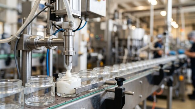 Automated filling process with cream being dispensed into glass jars on a conveyor belt