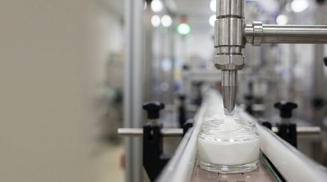 Cream being dispensed by automated machinery into glass jars on a production line