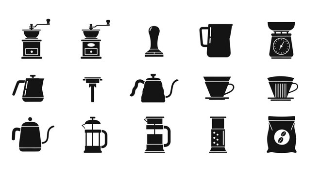 Black coffee maker icons set.