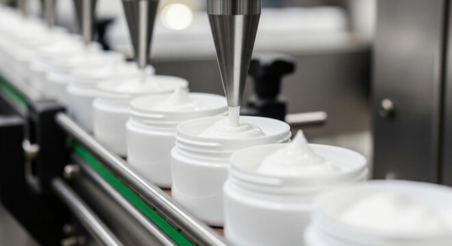 Automated filling process white cream dispensed into identical white containers on a production line