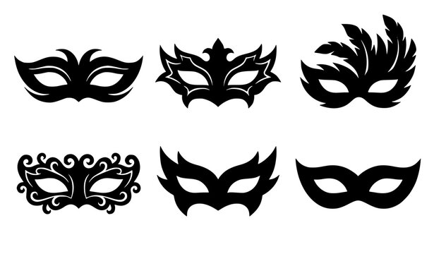 Set of six black Mardi Gras mask silhouettes with elegant masquerade vector designs