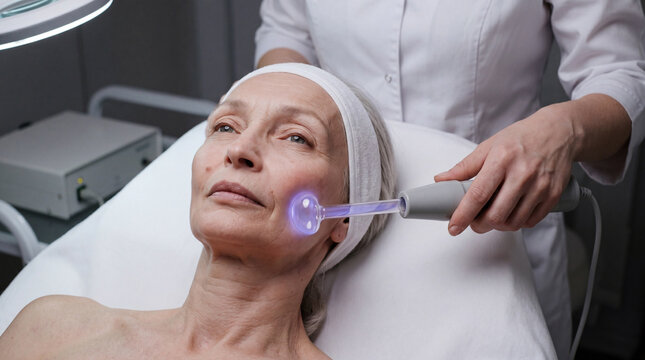 A professional cosmetologist performing a darsonval facial treatment on a senior woman in a beauty clinic. Concept of mature skin rejuvenation, anti-aging hardware procedure, and wellness.