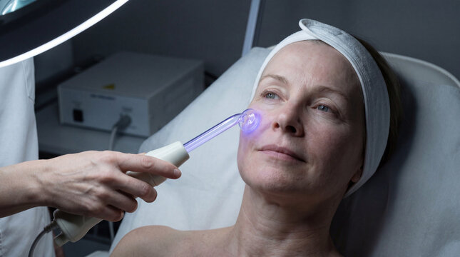 A professional cosmetologist performing a darsonval facial treatment on a mature woman in a beauty clinic. Concept of middle aged skin rejuvenation, anti-aging hardware procedure, and wellness.