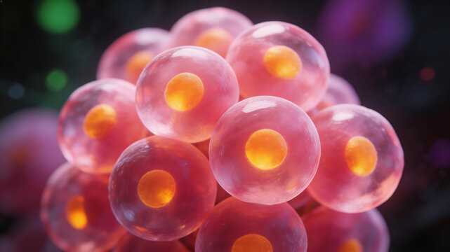Cluster of translucent spheres with central nuclei representing futuristic concepts and abstract thought
